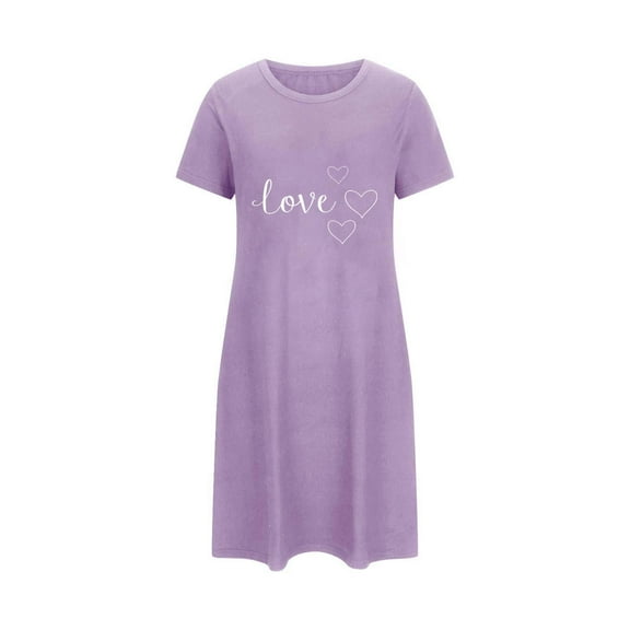 Oksale Plus Size Pajama Dress for Women Soft Cute Cotton Short Sleeve Valentine Nightgowns Casual Crewneck Mini Sleepwear for Home Purple L