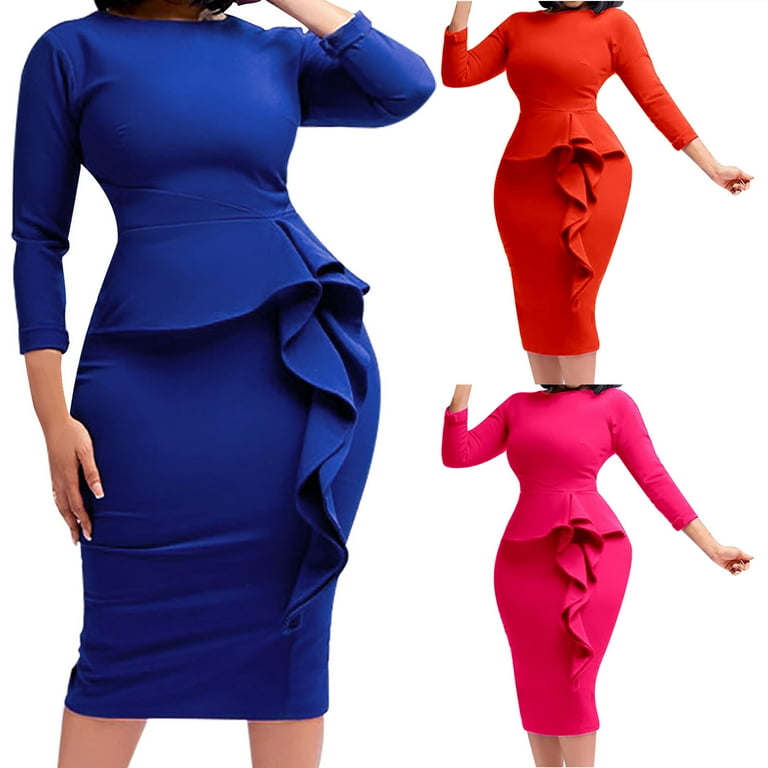 Oksale Plus Size Pencil Dresses for Women with Ruffle Dector Slim