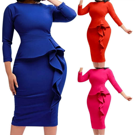 Oksale Plus Size Pencil Dresses for Women with Ruffle Dector Slim Fit Midi Dress Cozy Long Sleeve Office Dress Casual Crewneck Dresses Bodycon Business Office Dresses Hot Pink XXXL