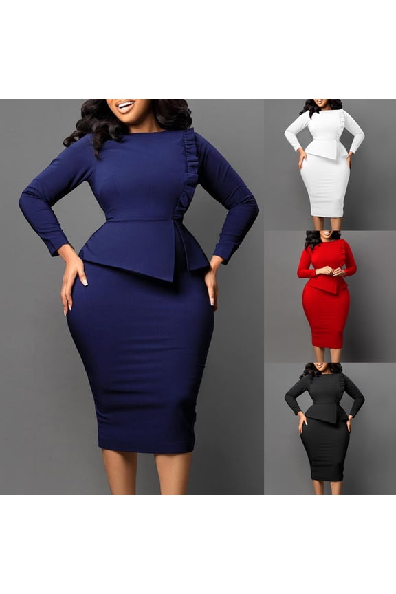 Plus Size Peplum Dress for Women Trendy Slim Fit Ruffle Dresses Cozy Long Sleeve Midi Dress Eleagant Crewneck Office Dresses White XL