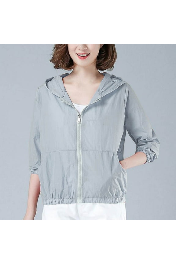 Plus Size Rain Jackets for Women Trendy Full Zip Hooded Jackets Sun Protection Tops Solid Color Cropped Rain Jackets 2025GrayXXXXL