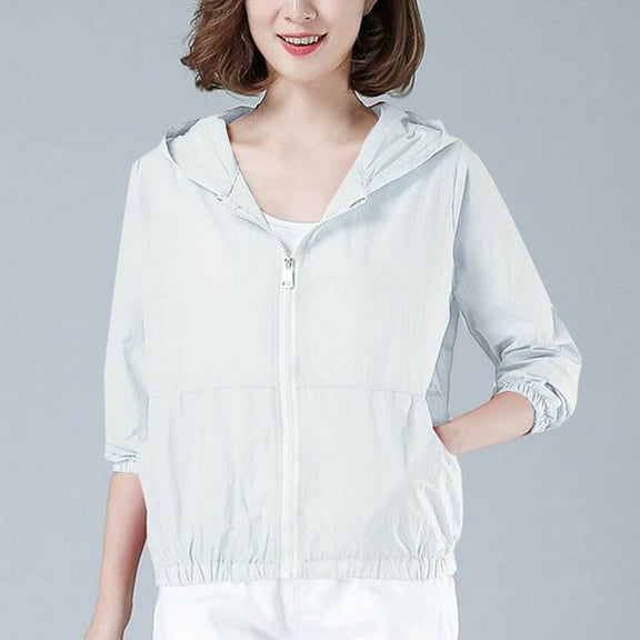 Oksale Plus Size Rain Jackets for Women Trendy Full Zip Hooded Jackets Sun Protection Tops Solid Color Cropped Rain Jackets 2025WhiteL