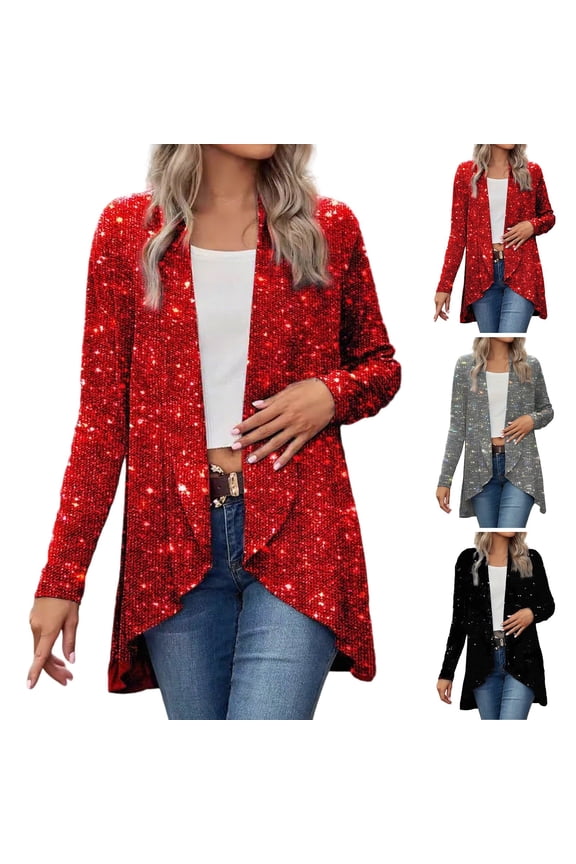 Plus Size Sequin Jackets for Women Long Sleeve Open Front Jacket Casual Party Outerwear for Holiday Gray S