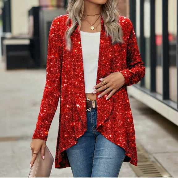 Oksale Plus Size Sequin Jackets for Women Long Sleeve Open Front Jacket Casual Party Outerwear for Holiday Red XXXL