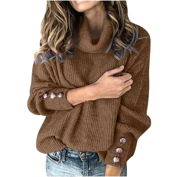 Oksale Plus Size Sweaters for Women Casual Turtleneck Neck Sweater with Button Dector Comfortable Long Sleeve Pullover Warm Winter Fall Tops Coffee XXL