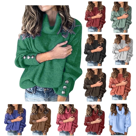 Oksale Plus Size Sweaters for Women Casual Turtleneck Neck Sweater with Button Dector Comfortable Long Sleeve Pullover Warm Winter Fall Tops Green M