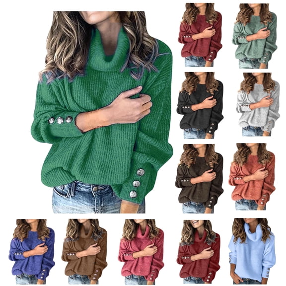 Oksale Plus Size Sweaters for Women Casual Turtleneck Neck Sweater with Button Dector Comfortable Long Sleeve Pullover Warm Winter Fall Tops Green S