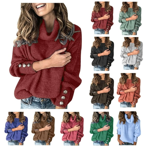 Oksale Plus Size Sweaters for Women Casual Turtleneck Neck Sweater with Button Dector Comfortable Long Sleeve Pullover Warm Winter Fall Tops Wine S