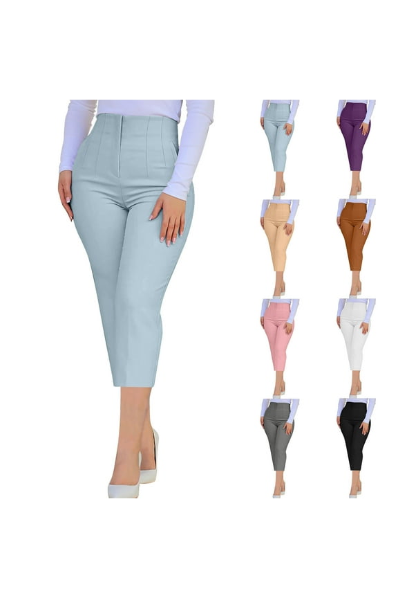 Plus Size Tapered Capris for Women ELastic High Waisted Cropped Trousers with Pockets Business Work Dressy Slim Summer Pants Beige M