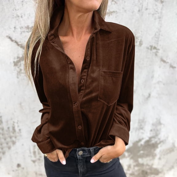 Oksale Plus Size Velvet Blouses Women Casual Button Down Lapel Tops with Pockets Comfortable Long Sleeve T Shirts Vintage Elegant Shirt Khaki XL
