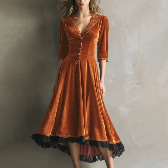 Oksale Plus Size Velvet Dress for Women Trendy Lace Hem Midi Dresses Elegant Half Sleeve Wedding Guest Dresses Flowy A Line Lapel Western Dress Brown 2XL