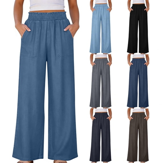 Oksale Plus Size Wide Leg Jeans for Woman Elastic Waisted Denim Pants with Pockets Casual Loose Wide Leg Pants 2026 Blue L