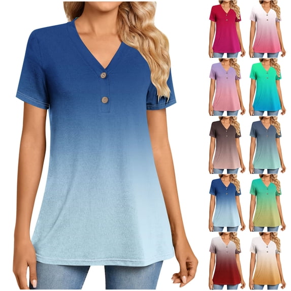 Oksale Plus Size Women Short Sleeve Tunic Blouse Dressy Gradient Casual Button V Neck Summer Tunics Tops Loose Comfy Lightweight Tee Shirts Blue 2XL