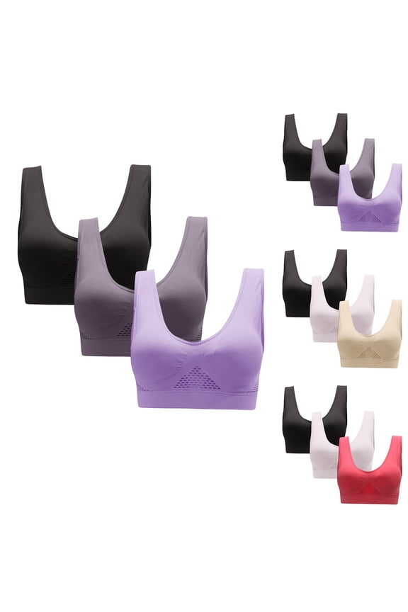 Plus Size Women's Sports Bras Mesh Patchwork Hollow Out Soft Cozy Multipack Athletic Bra 3 PC Push Up Scoop Neck Wireless Bra Watermelon Red S