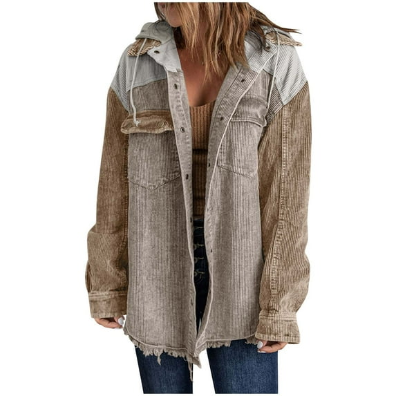 Oksale Plus Size Womens Corduroy Jackets Cotton Fringed Hem Hoodies Jacket with Pockets Cozy Long Sleeve Coats Comfort Fall Winter Outerwear for Outdoor Khaki L