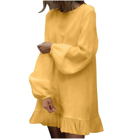 Oksale Plus Size Womens Cotton Linen Dresses Loose Fit Ruffle Hem Mini Dress Cozy Long Sleeve Dresses Casual Creneck Dress Soft Solid Color Fall Dresses Yellow XXL
