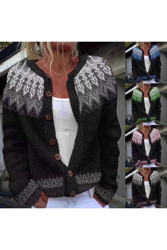 Plus Size Womens Fair Isle Cardigan Dressy Button Down Jacquard Sweater Cozy Long Sleeve Winter Knitwear Soft Open Front Sweaters Blue M