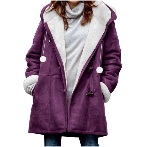 Oksale Plus Size Womens Faux Suede Jackets Trendy Sherpa Linen Fleece Jacket with Hood Horn Button Velvet Overcoat Warm Winter Fashion Tops for Outside Snowfield 2025 Purple S
