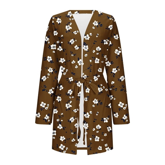 Oksale Plus Size Womens Floral Printing Robes with Belt Soft Long Sleeve Bath Robe Fall Mini Nightgown Casual Pajama Robe for Home 2025 Coffee XXXL
