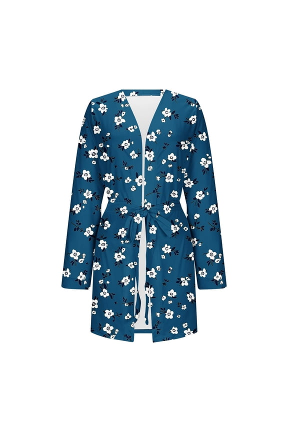 Plus Size Womens Floral Printing Robes with Belt Soft Long Sleeve Bath Robe Fall Mini Nightgown Casual Pajama Robe for Home 2025 Navy XXXXXL