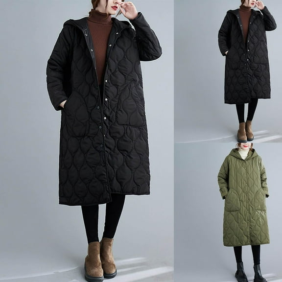 Oksale Plus Size Womens Full Length Puffer Jackets with Pockets Casual Button Down Coats with Hood Soft Cozy Warm Winter Outerwear Black XL