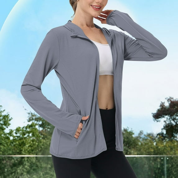 Oksale Plus Size Womens Jackets Trendy Sun Protection Jacket with Hood Breathable Long Sleeve Coats with Pockets Loose Fit Solid Color Tops for Climbing Travel Active Fall TopDark GrayXXXL