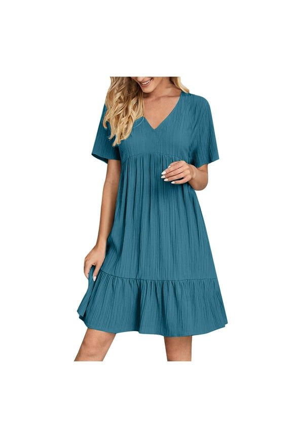 Plus Size Womens Mini Dresses Trendy V Neck Boho Sun Dress Flowy A Line Mini Dresses Loose Short Sleeve Beachy Summer Dress Blue 5XL