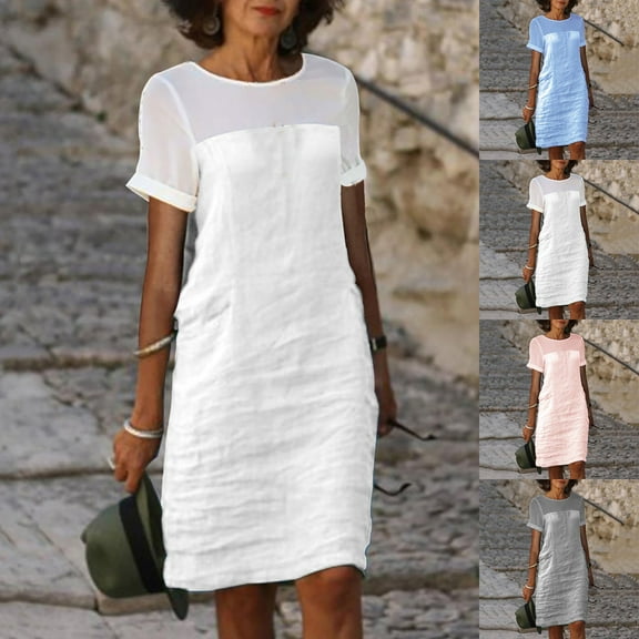 Oksale Plus Size Womens Summer Dresses Casual Short Sleeve Cotton Linen Beach Dress Trendy Mesh Patchwork Round Neck Knee Length Dresses Solid Color Holiday Dress White XL