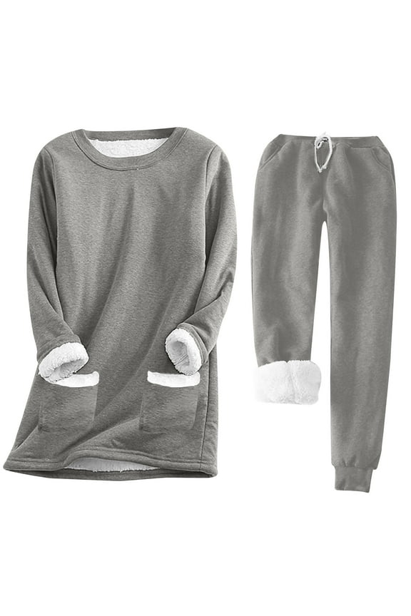 Plus Size Womens Sweatsuits Set 2 PC Fuzzy Fleece Lined Pullover Sweatshirts with Pockets Soft Warm Sweatpants Active Loungewear Gray S