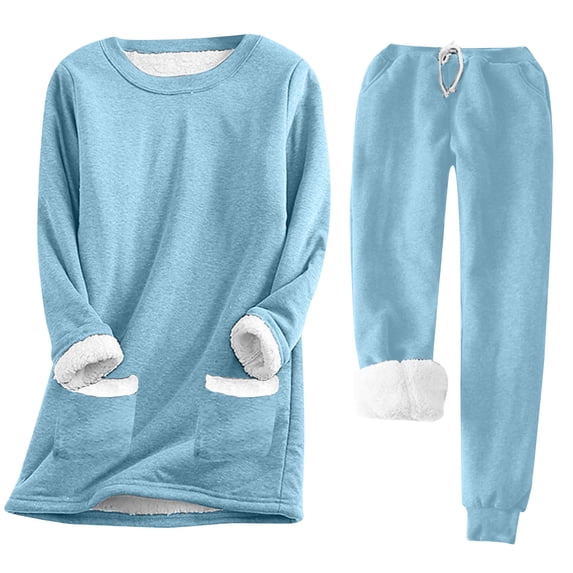 Oksale Plus Size Womens Sweatsuits Set 2 PC Fuzzy Fleece Lined Pullover Sweatshirts with Pockets Soft Warm Sweatpants Active Loungewear Light Blue S