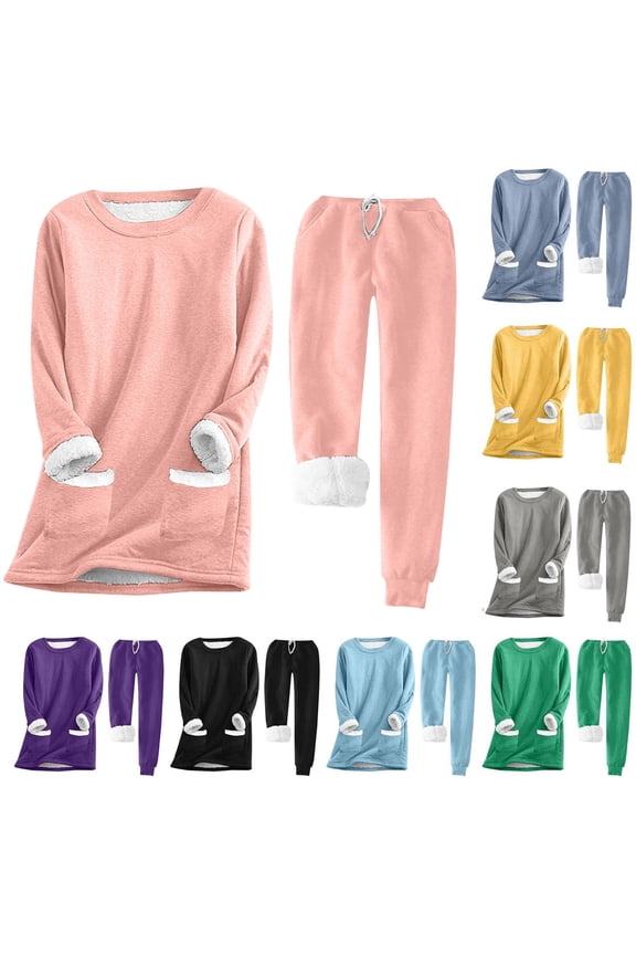 Plus Size Womens Sweatsuits Set 2 PC Fuzzy Fleece Lined Pullover Sweatshirts with Pockets Soft Warm Sweatpants Active Loungewear Pink XXL
