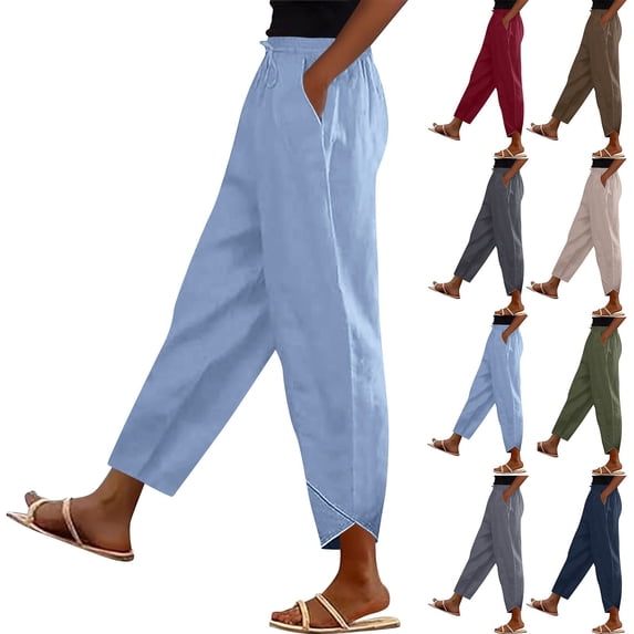Oksale Pull On Pants for Women Plus Size Casual Petal Hem Ankle Pants with Pockets Loose Fit Elastic Waisted Straight Leg Trousers Blue 3XL