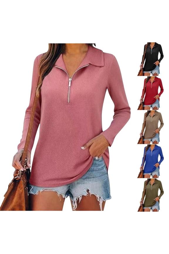 Quarter Zip Pullover Women Long Sleeve Shirts Solid Color Fashion Clothing Casual Soft Fall Blouses Wine XL