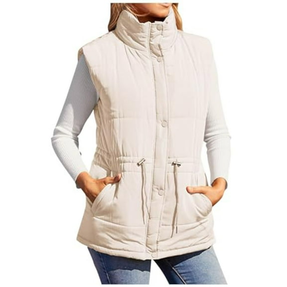 Oksale Quilted Vest for Women Plus Size Cotton Jacket Zip Up Vest Sleeveless Tunic Jackets Stand Up Collar Jacket with Pockets Quilited Coat Beige XXXL