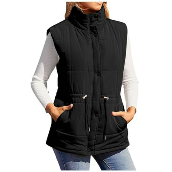 Oksale Quilted Vest for Women Plus Size Cotton Jacket Zip Up Vest Sleeveless Tunic Jackets Stand Up Collar Jacket with Pockets Quilited Coat Black S