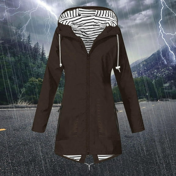 OKSALE Waterproof Long Rain Jackets for Women with Hood Windproof Jacket with Zipper Pockets Trendy Drawstring Solid Color Raincoat Casual Fall Coat for Outdoor Sporting Hiking Fishing