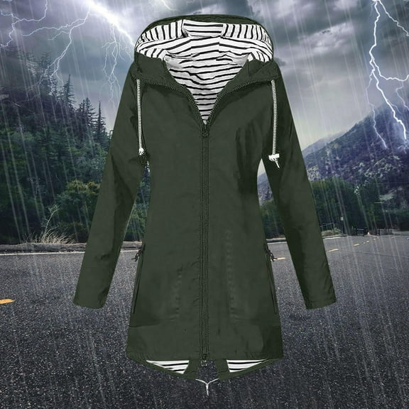 OKSALE Waterproof Long Rain Jackets for Women with Hood Windproof Jacket with Zipper Pockets Trendy Drawstring Solid Color Raincoat Casual Fall Coat for Outdoor Sporting Hiking Fishing