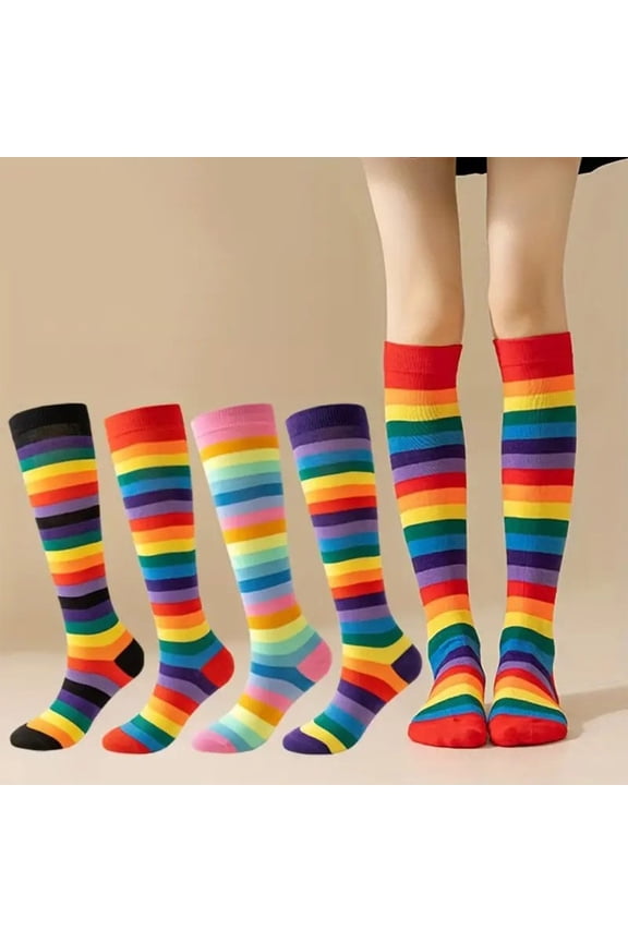 Rainbow Knee High Socks for Women Cute Color Block Cotton Stocking Lightweight Soft Breathable Casual Tube Socks One Piece Purple