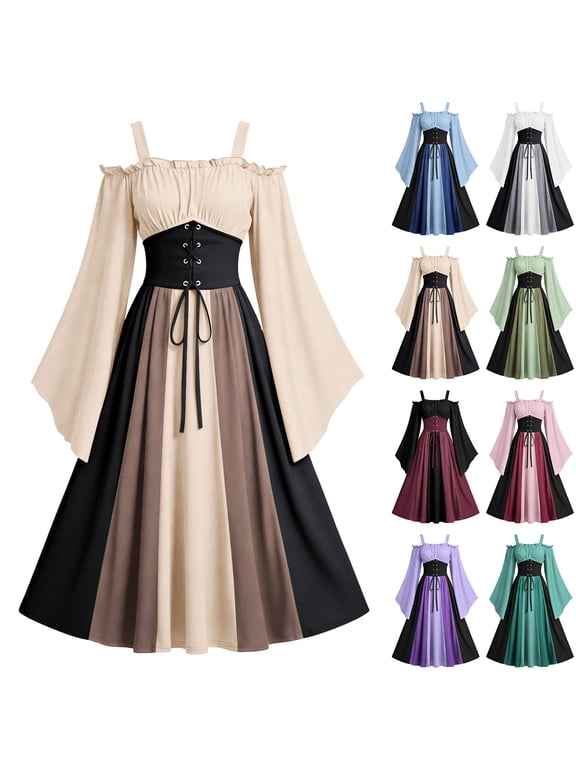 Renaissance Dress for Women Vintage Cold Shoulder Lace Up Maxi Medieval Dresses Halloween Flowy Bell Sleeve Oktoberfest Outfits Gothic Dress Mint Green S