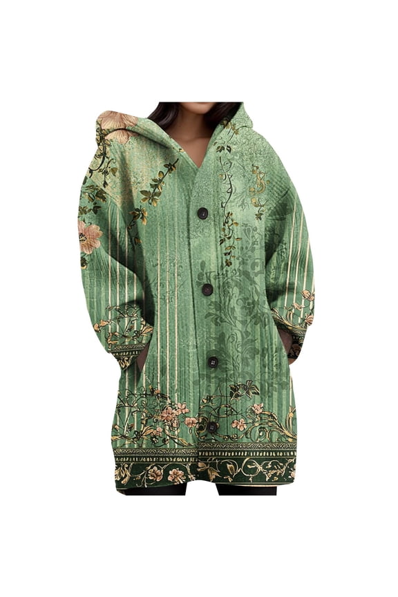 Retro Print Long Cardigan Sweaters for Women with Pockets Button Down Ribbed Knitwear Comfortable Long Sleeve Winter Outerwear Oversized Casual Hoodies Green L