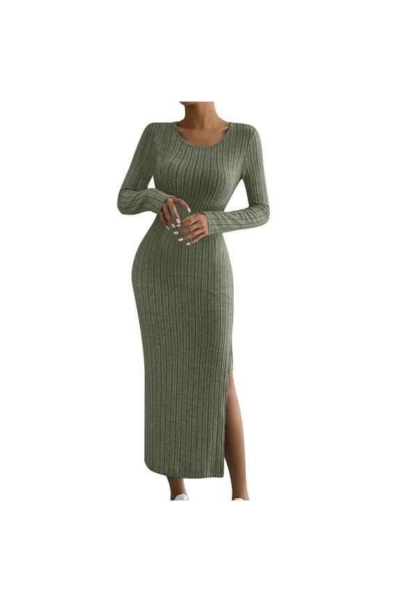 Ribbed Knit Dresses for Women Plus Size Slim Fit Full Length Dress Trendy Side Split Dress Casual Crewneck Solid Color Dresses Long Sleeve Fall Dress 2025 Army Green XL