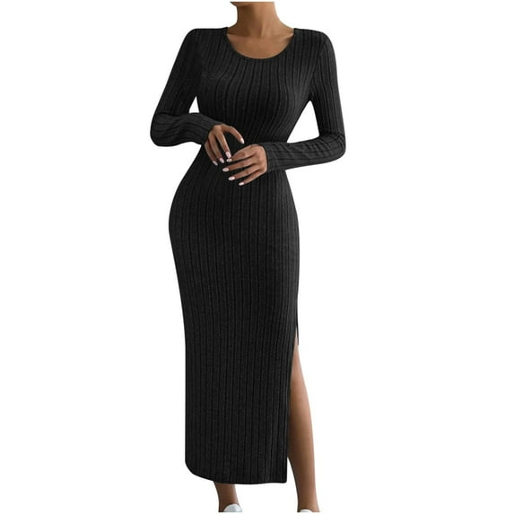 Oksale Ribbed Knit Dresses for Women Plus Size Slim Fit Full Length Dress Trendy Side Split Dress Casual Crewneck Solid Color Dresses Long Sleeve Fall Dress 2025 Black L
