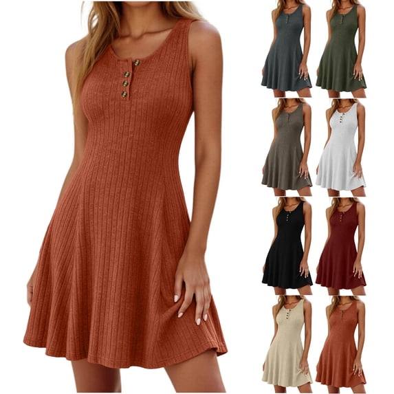 Oksale Ribbed Knit Dresses for Women Summer Trendy Henley Neck Flowy A Line Dress Cozy Sleeveless Mini Dresses Coffee XL