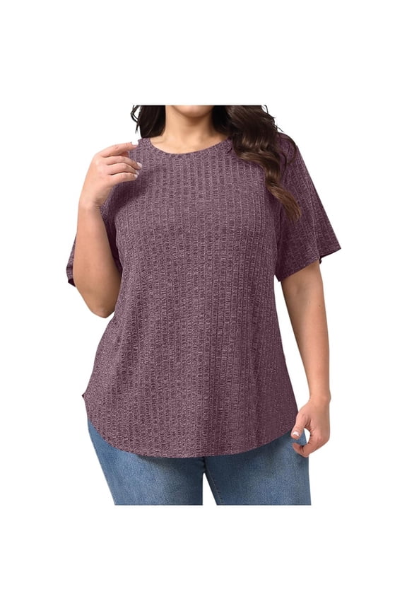 Ribbed Knit Tops for Women Plus Size Trendy Curved Hem Cotton Tees Casual Round Neck Dressy Blouse Comfy Loose Short Sleeve Tshirts 2026 Purple XL