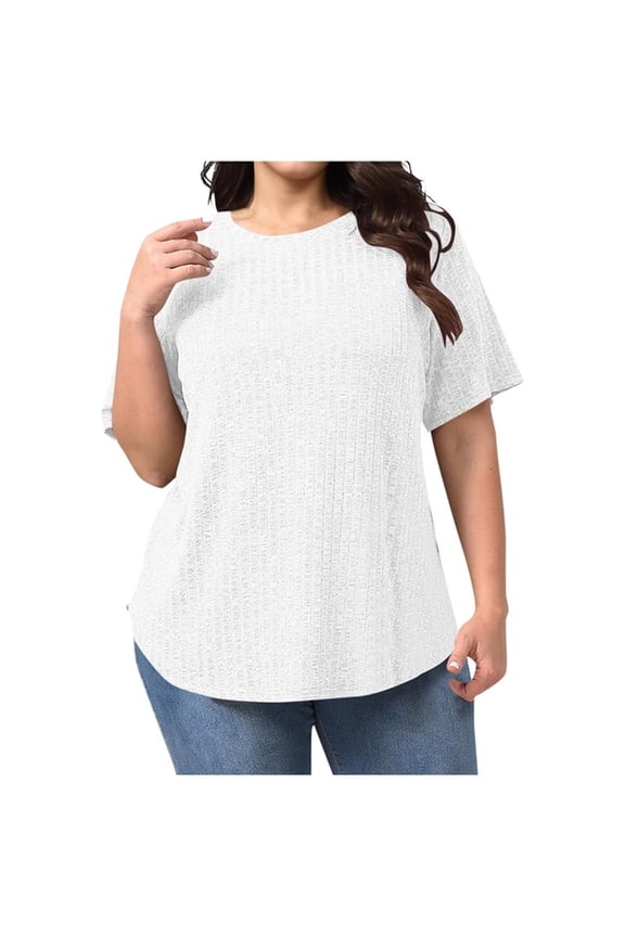 Ribbed Knit Tops for Women Plus Size Trendy Curved Hem Cotton Tees Casual Round Neck Dressy Blouse Comfy Loose Short Sleeve Tshirts 2026 White XXXL