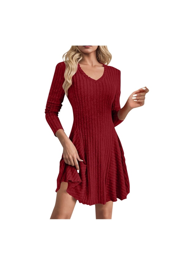 Ribbed Sweater Dress for Women Trendy A Line Mini Dress Casual V Neck Knit Dresses Cozy Long Sleeve Solid Color Dress Soft Fall Dresses Red S