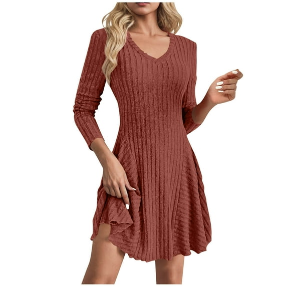 Oksale Ribbed Sweater Dress for Women Trendy A Line Mini Dress Casual V Neck Knit Dresses Cozy Long Sleeve Solid Color Dress Soft Fall Dresses Wine S