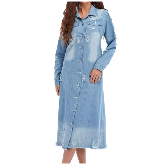 Oksale Ripped Maxi Denim Jackets for Women Plus Size Distressed Frayed Jean Jackets Vintage Button Down Overcoat with Pockets Fashion Coat Blue S