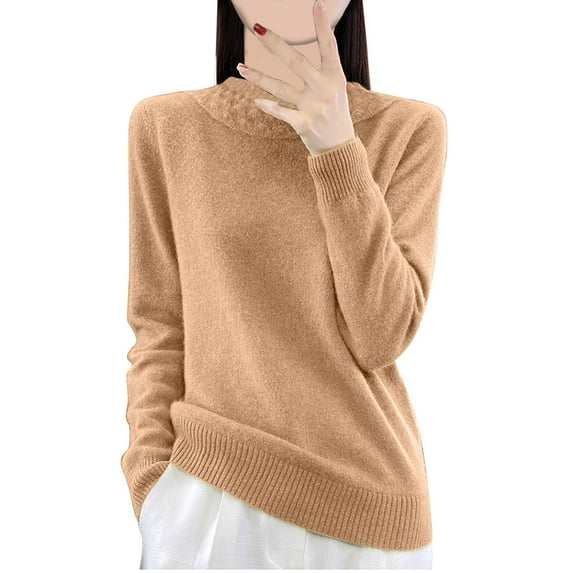Oksale Round Neck Fall Sweaters for Women Trendy Textured Sweater Cozy Long Sleeve Knitted Pullover Soft Solid Color Tops Coffee M