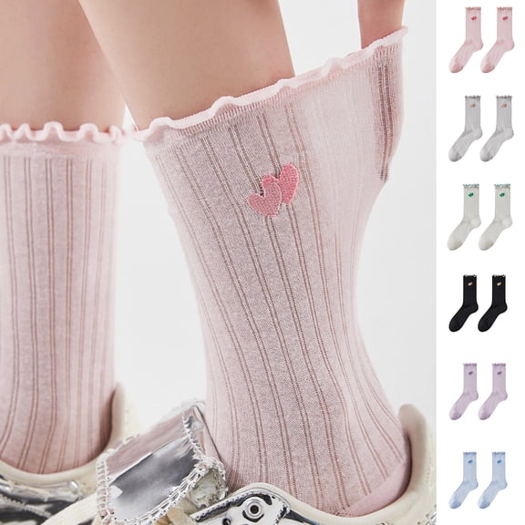 Oksale Ruffle Socks Women Trendy Embroidery Cotton Socks Cute Love Heart Thin Cozy Fall Socks 2025 Pink Free Size